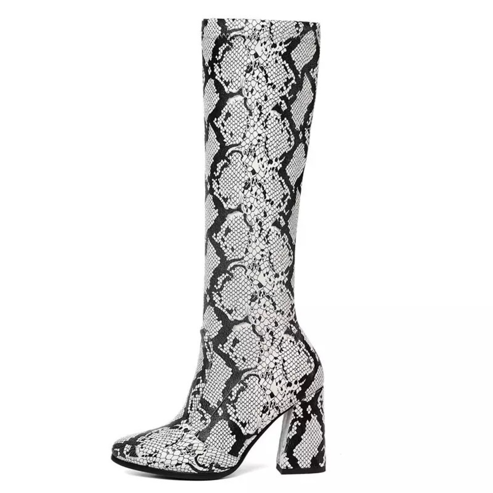 Leather Elastic Fabric Boot Snakeskin Pattern  High Boots